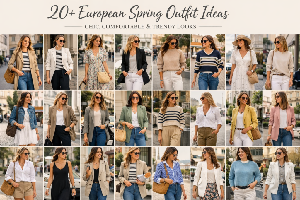 Collage of 20 European spring outfit ideas featuring women in stylish casual and chic looks, including trench coats, blazers, floral dresses, sweaters, and jeans, set against urban European streets and cafes.