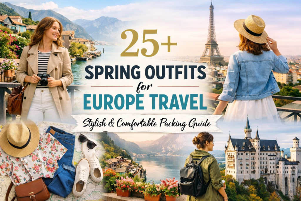 Stylish spring outfits for Europe travel guide.
