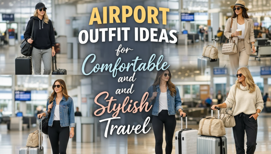 15+ stylish and comfortable airport outfit ideas for women with luggage.