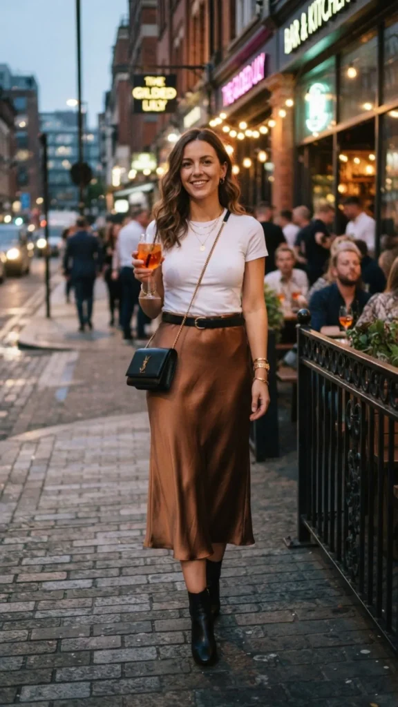 Bronze satin midi skirt look