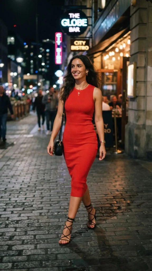 Red midi dress strappy sandals