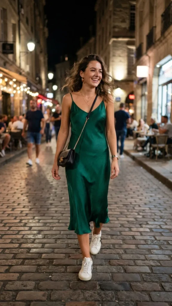 Emerald satin slip dress outfit