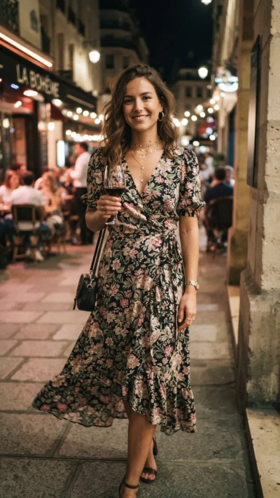 Floral wrap dress layered necklaces