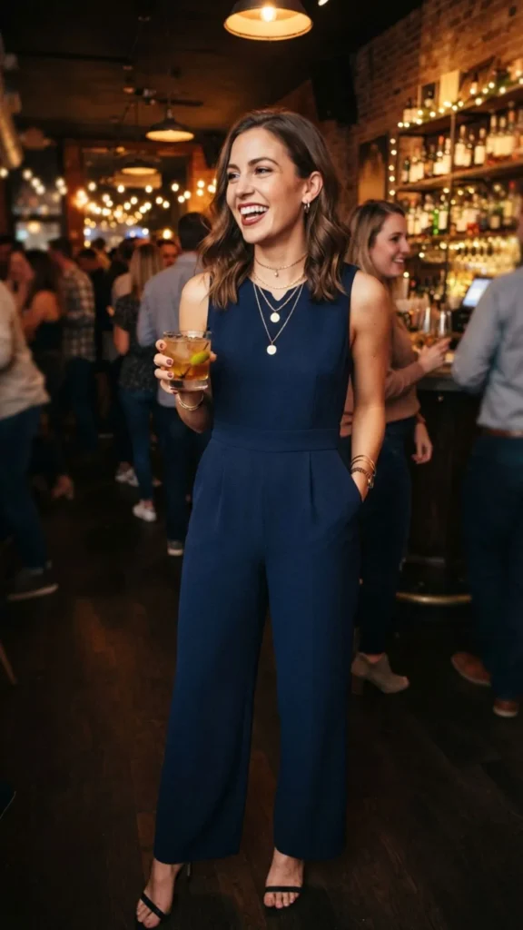 Navy sleeveless jumpsuit evening look