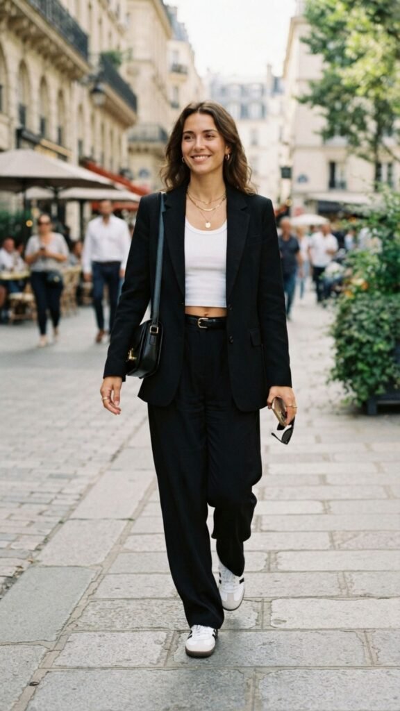 Black blazer layered over a white crop top with relaxed tailored trousers for a contemporary business-casual look.