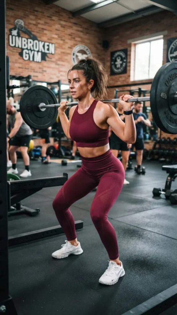 Burgundy activewear set with stylish leggings and a sporty top for a chic gym outfit.