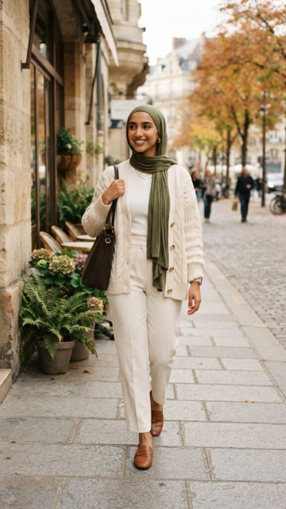 Cream knit cardigan with ivory trousers and an olive hijab creating a graceful and professional modest outfit.