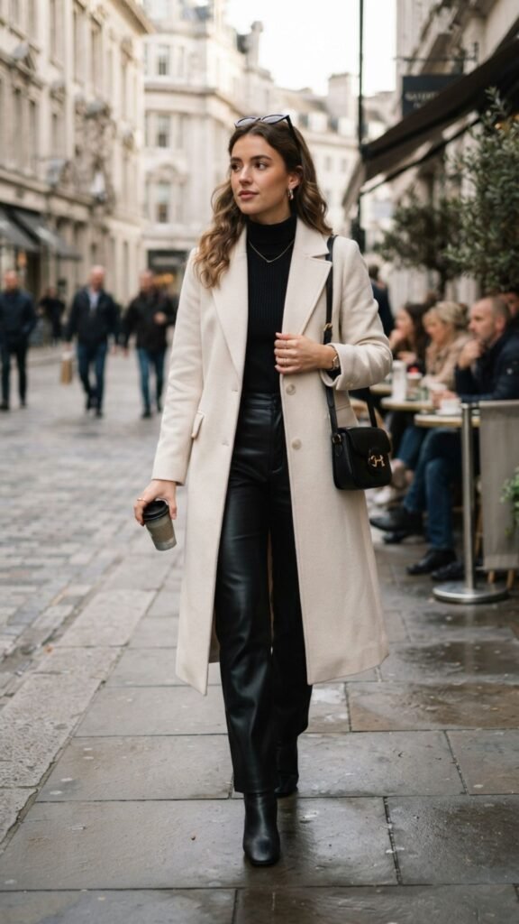 Cream longline coat worn over black faux-leather trousers for a chic and modern business-casual outfit.