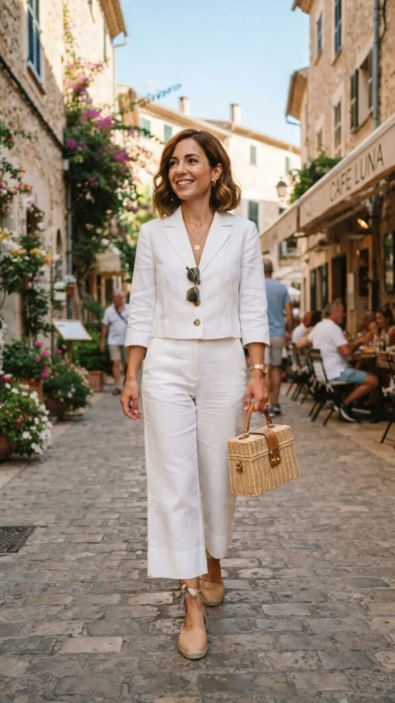 Petite woman wearing a crisp white linen set with a structured straw handbag for a chic summer look.