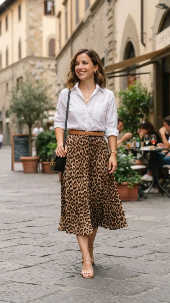 Crisp white shirt paired with a leopard print midi skirt for a stylish petite summer ensemble.
