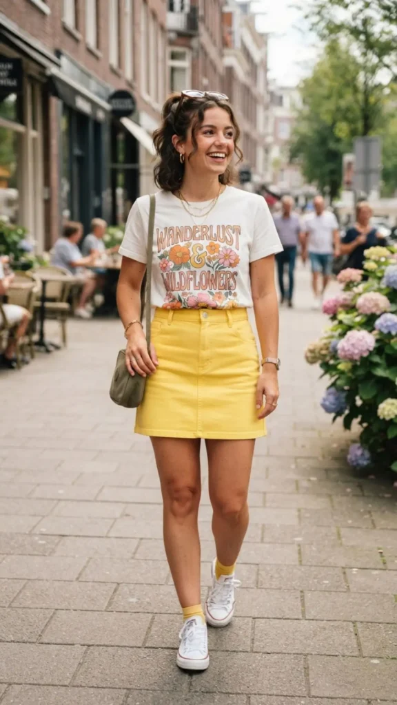 Graphic tee paired with a vibrant yellow mini skirt for a fun and trendy petite summer style.