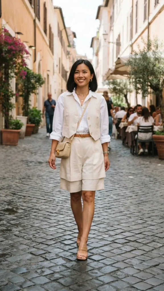 Petite summer outfit featuring cream Bermuda shorts and a crisp white shirt with neutral accessories.