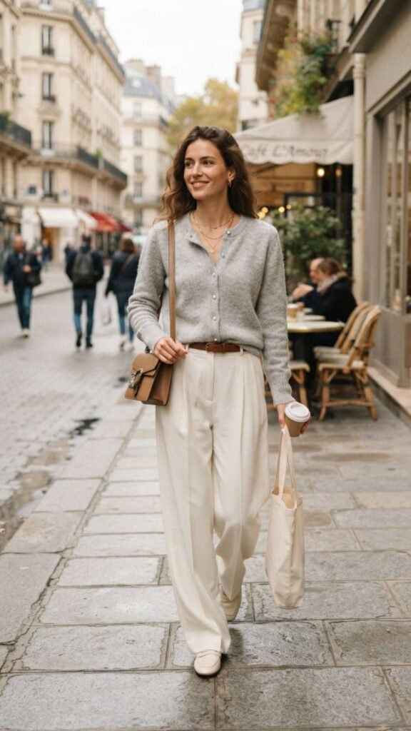 Light gray cardigan paired with ivory wide-leg trousers for a comfortable yet professional work-from-home style.