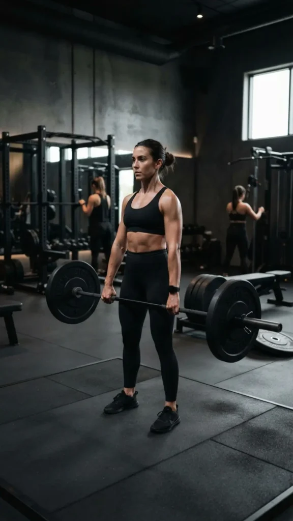 All-black gym outfit with sleek leggings and a fitted top for a powerful workout look.
