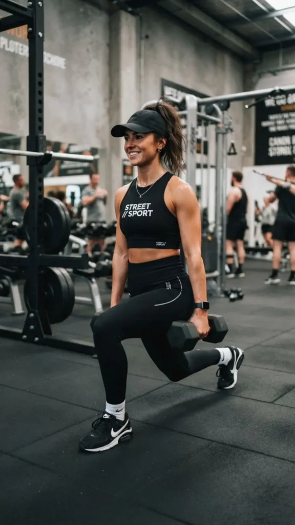 Monochrome activewear outfit with layered pieces blending gym style and street fashion.
