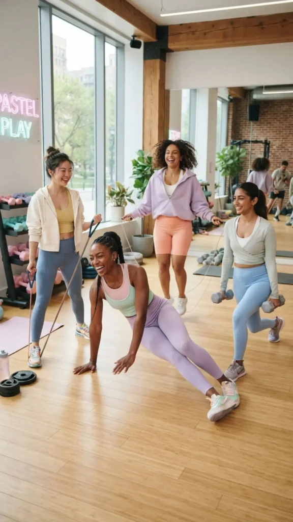 Pastel workout outfit with soft colors, leggings, and layered athleisure styling.