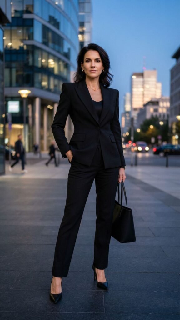 Structured all-black suit with a fitted blouse delivering a confident executive office style.