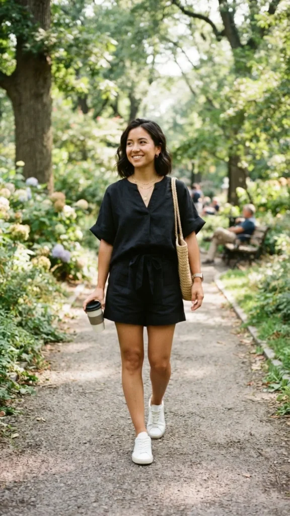 Relaxed black linen blouse and matching shorts for a sophisticated monochrome petite outfit.