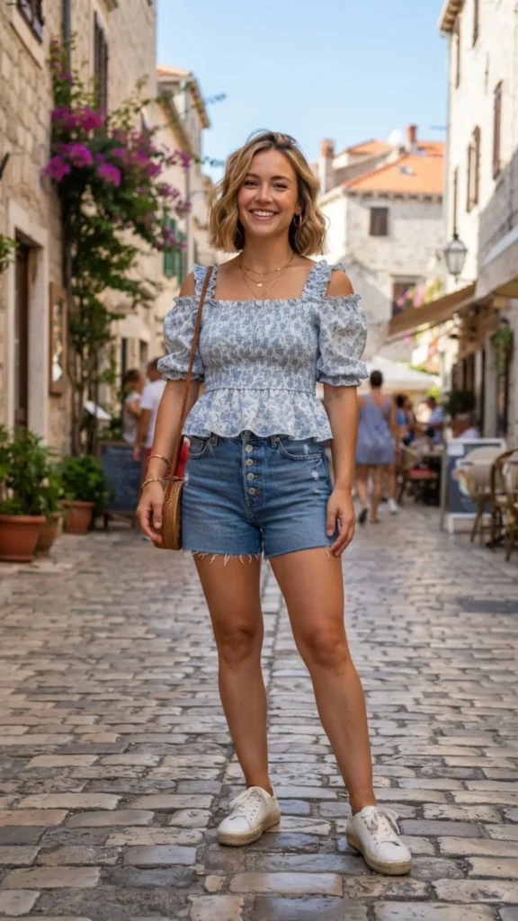 Cute petite outfit with a smocked peplum top and high-waisted denim shorts for casual summer days.