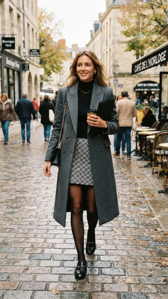 Elegant grey overcoat layered over a monochrome knit mini skirt with black leather loafers for a chic winter outfit.