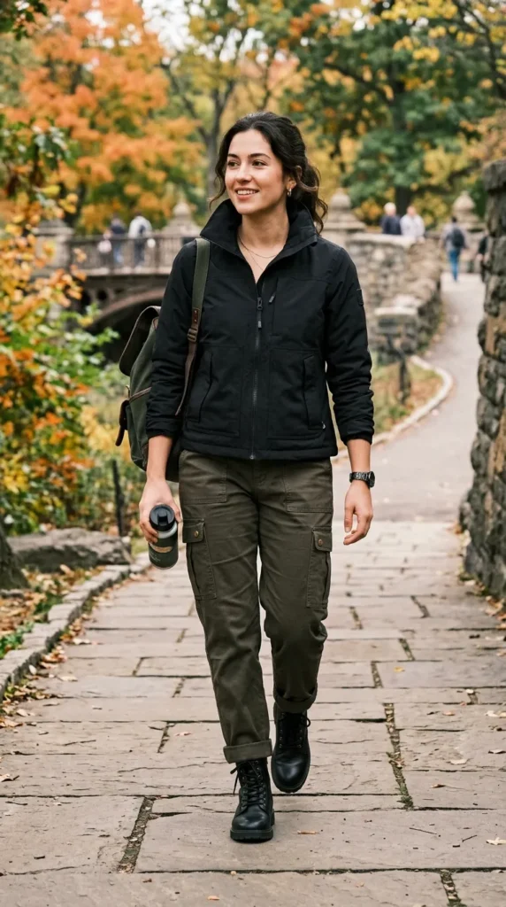 Black funnel-neck jacket with dark olive cargo pants for a modern city outfit.