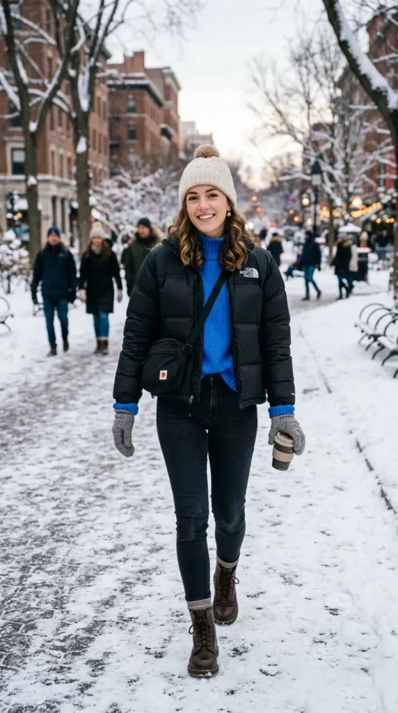 Black puffer jacket with an electric blue sweater for a bold fall look.