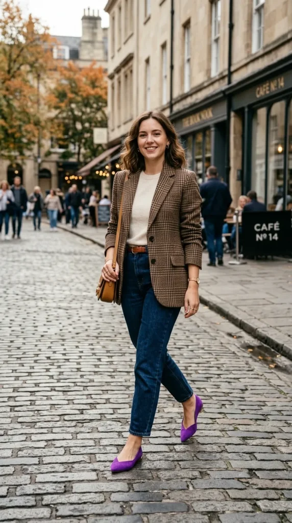 Brown plaid blazer with violet pointed flats for a chic NYC fall outfit.