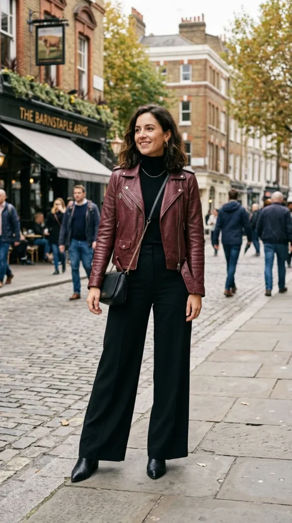 Burgundy leather jacket with black wide-leg trousers for stylish fall dressing.