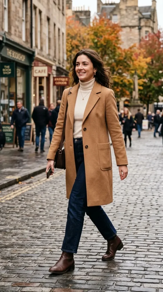 Camel wool coat with dark straight-leg jeans for a chic NYC fall look.