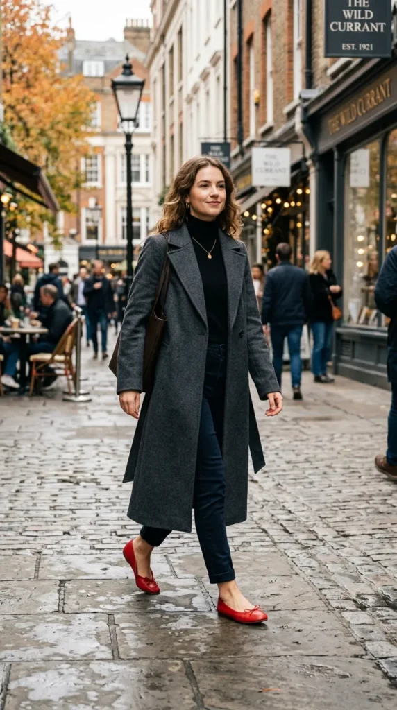 Charcoal long coat styled with red ballet flats for an elegant fall look.