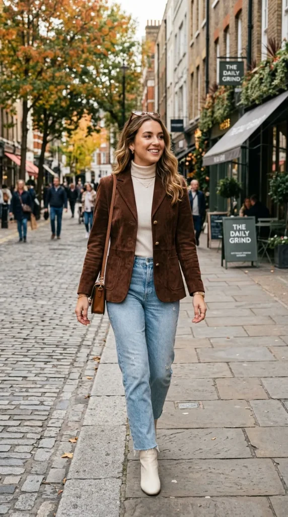 Chocolate suede blazer with light-wash jeans for effortless fall style.