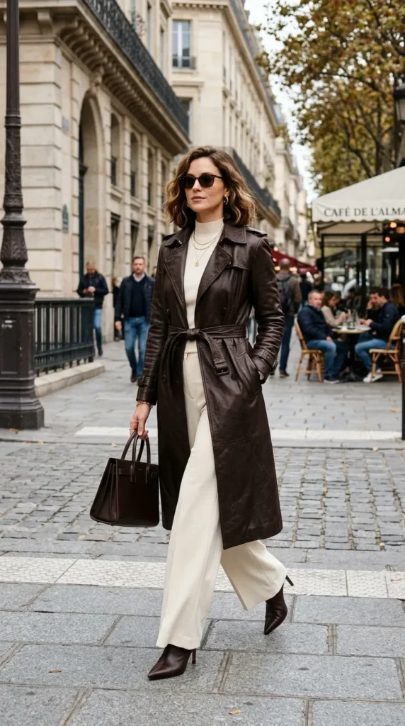 Espresso leather trench with cream wide-leg trousers for a sophisticated outfit.