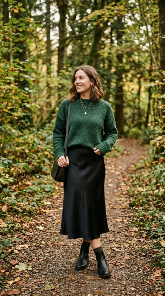 Forest green sweater with a black satin slip skirt for elegant fall style.