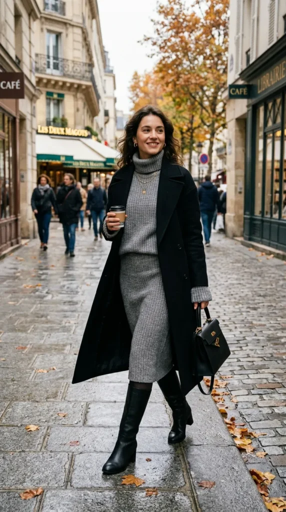 Gray knit set layered with a black wool coat for chic NYC fall fashion.