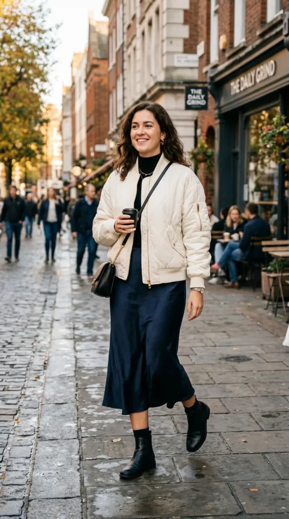 Ivory bomber jacket with a dark satin midi skirt for modern fall fashion.