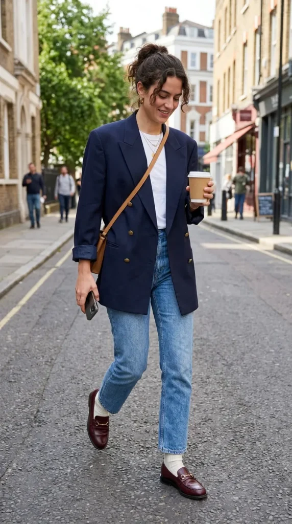 Navy oversized blazer with burgundy loafers for polished NYC fall style.