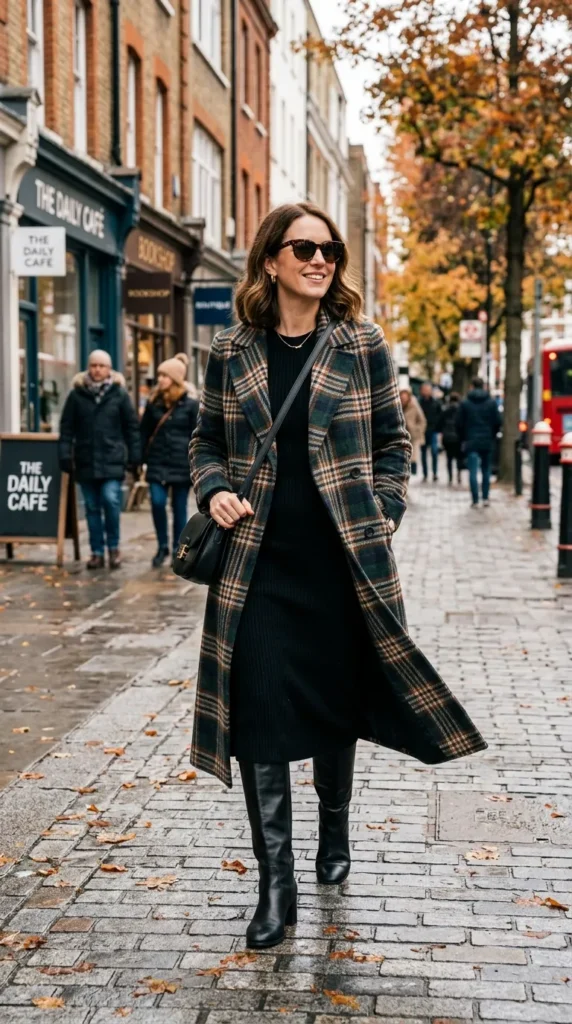 Plaid longline coat layered over a black knit midi dress for fall.