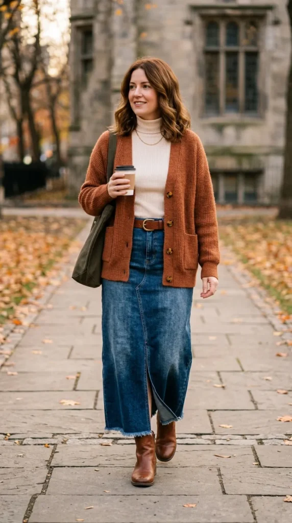 Rust cardigan with a denim maxi skirt for a stylish autumn look.