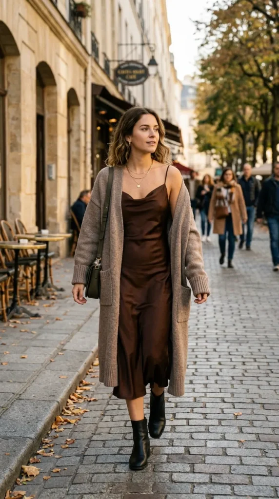 Taupe coatigan layered over a chocolate slip dress for an elegant autumn outfit.